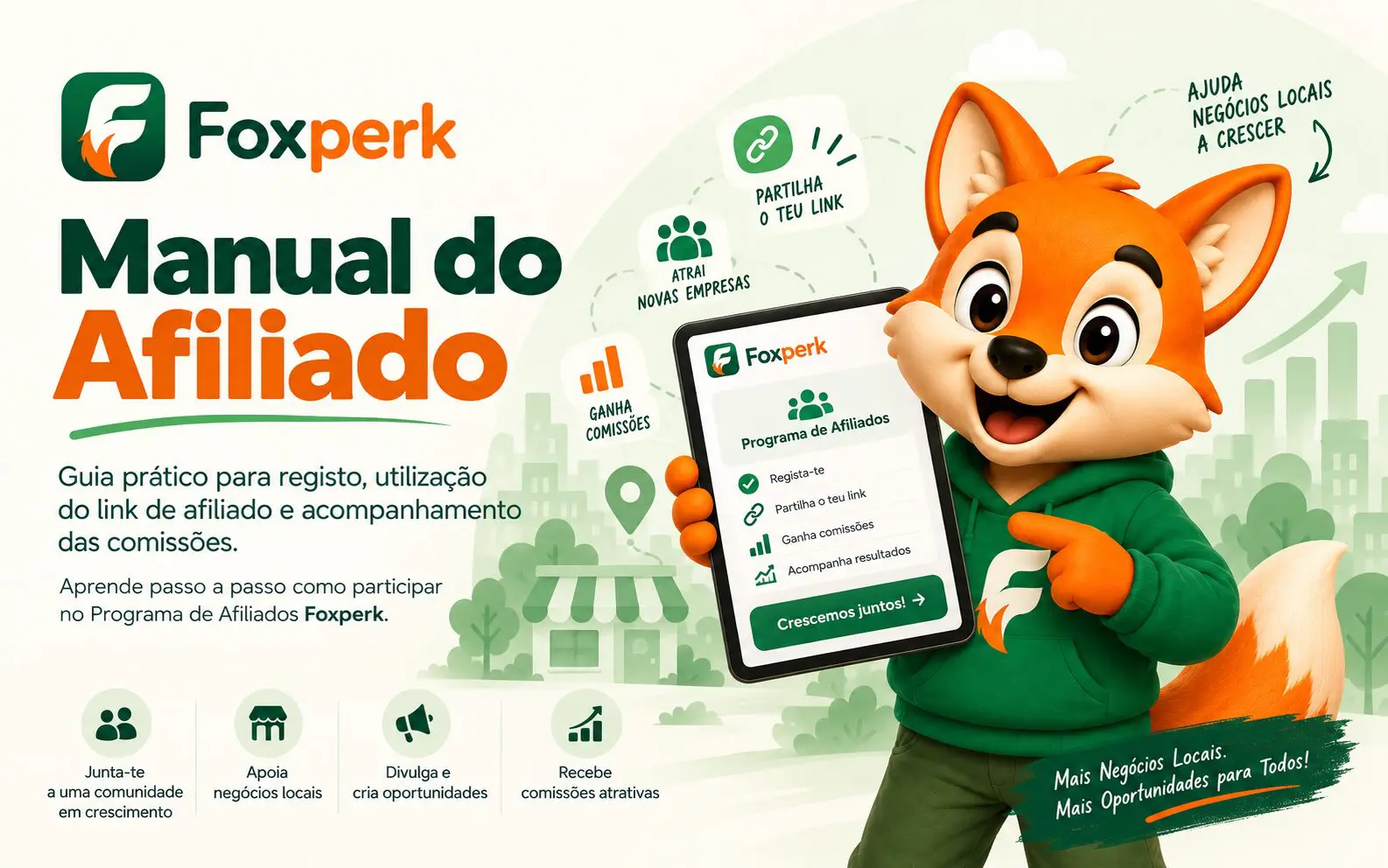 Banner do Manual do Afiliado Foxperk com a mascote da marca e referências visuais ao registo no programa, partilha do link de afiliado, angariação de empresas, apoio ao comércio local e acompanhamento de comissões.