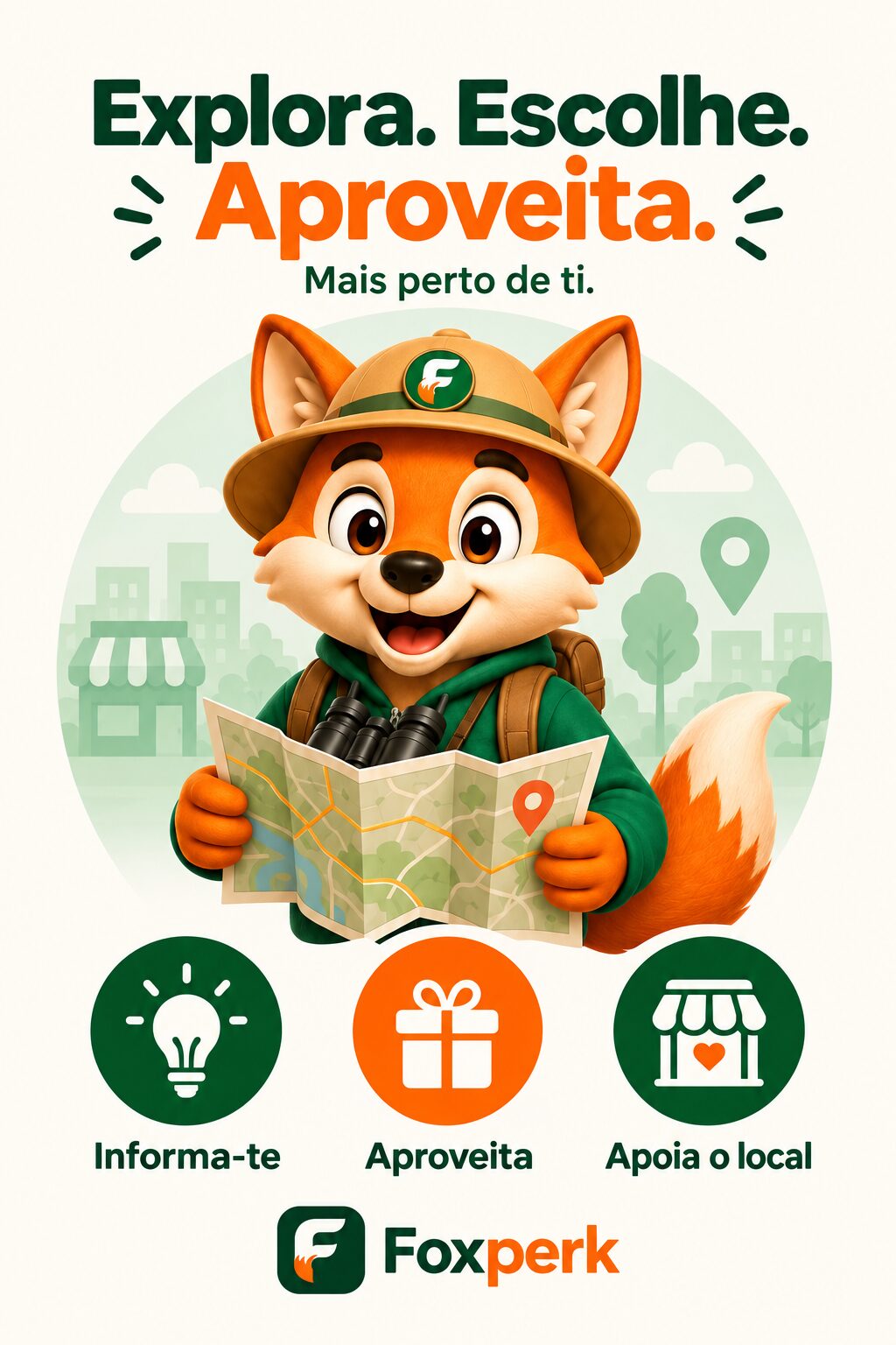 Explora Escolhe Aproveita - Foxperk Mascote exploradora do Foxperk com um mapa e três símbolos que representam escolhas informadas, oportunidades e apoio ao comércio local.