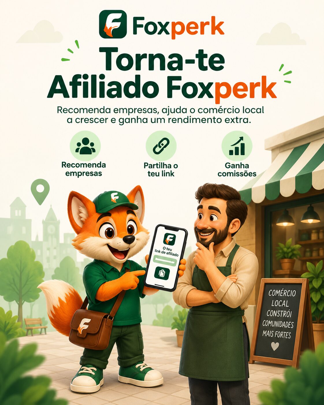 Mascote Foxperk apresenta um link de afiliado a um comerciante, ilustrando a recomendação de empresas locais e a possibilidade de ganhar comissões.