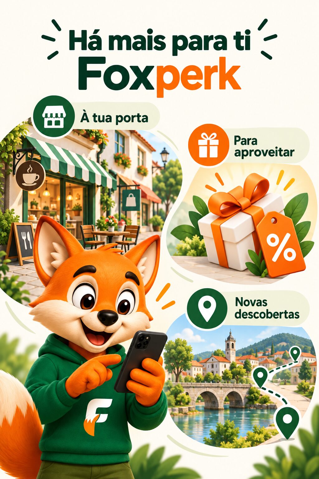 Ha mais para ti - Foxperk Mascote do Foxperk com um telemóvel, acompanhada por lojas locais, símbolos de promoções e um percurso com locais para descobrir perto de ti.